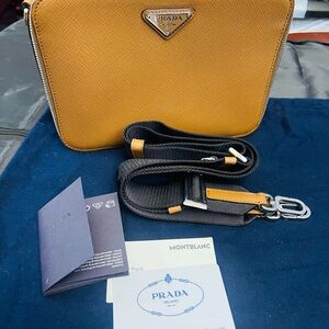 Prada Mustard Yellow Saffiano Leather Crossbody with Black Strap